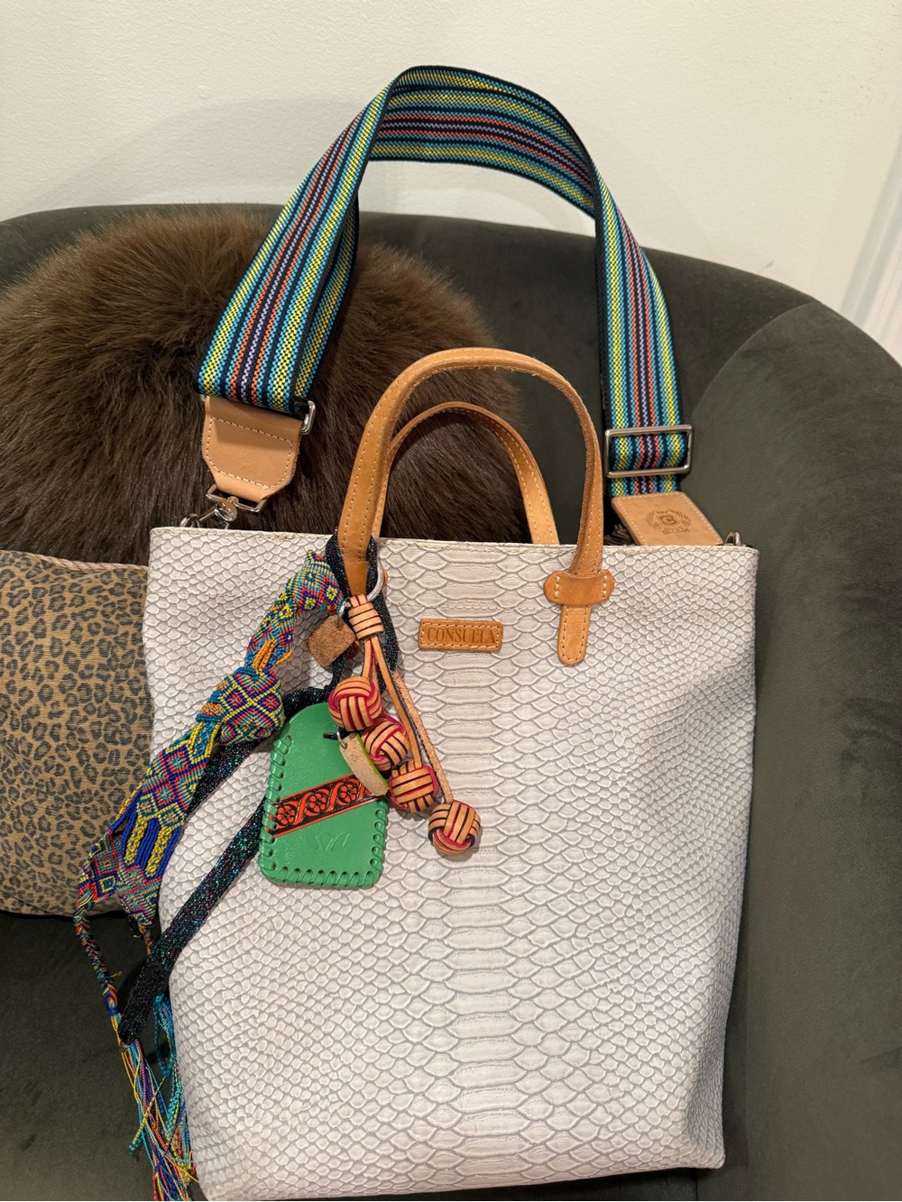 Consuela White Textured Tote with Tan Handles and Multicolor Strap - Picture 2 of 14